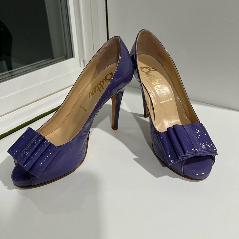 Butter Patent Leather Purple Peep-Toe Heels 6.5 Fits 7